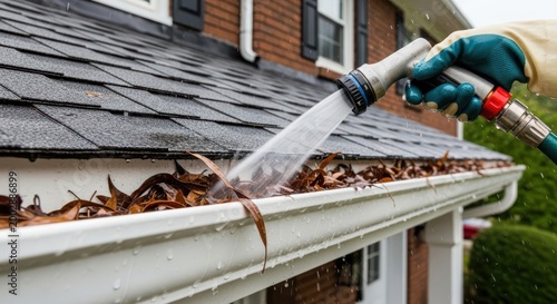 Person cleaning gutters filled with dry leaves using a hose on a residential house