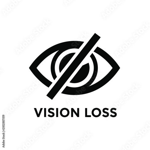 eye with slash icon in black silhouette on a white background with the text vision loss high quality professional detailed