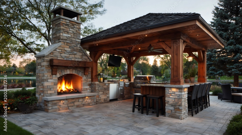 Obraz premium Luxury backyard living space with outdoor kitchen and fireplace