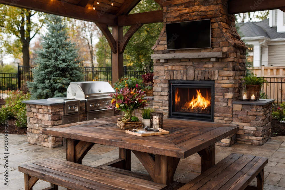 Obraz premium Outdoor living space with fireplace and kitchen patio