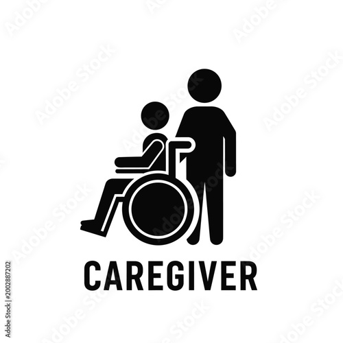 wheelchair caregiver icon depicting a person assisting someone in a wheelchair black silhouette on white high quality professional detailed modern