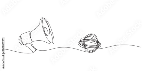 Continuous line drawing of megaphone with Chaos circlem,minimal line art chaos circlem with megaphone drawing,Editable stroke. Vector illustration. minimalist.