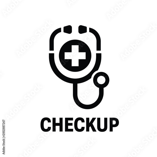 stethoscope icon with medical cross symbol and text checkup black silhouette design high quality professional detailed modern elegant stylish clean