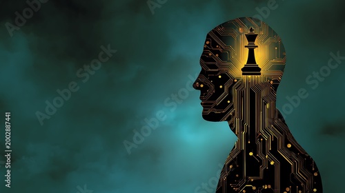 Abstract conceptual 3D render of businessman mind and chess strategy