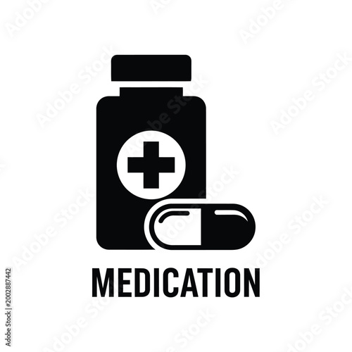 medication bottle icon with plus sign and pill capsule simple black silhouette on white background high quality professional detailed modern