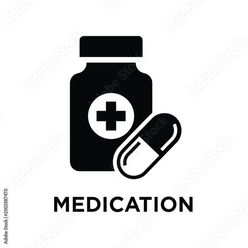 medication bottle and pill icon with medical cross symbol simple black silhouette on white background high quality professional detailed modern