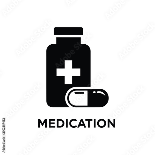 medication bottle icon with medical cross and pill capsule simple black silhouette high quality professional detailed modern elegant stylish clean