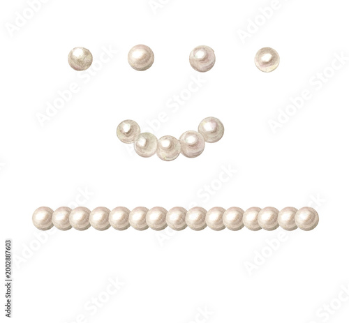 Watercolor set of white pearl elements including individual beads, a curved arc, and a straight garland line.