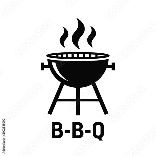 black silhouette of a barbecue grill with rising smoke and bold text reading b b q high quality professional detailed modern elegant