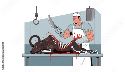 Fotografia Butcher in apron and gloves cutting carcass of stylized bull with large knife, blood splatters, dark abstract symbols on skin