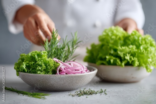 Fresh salad bowls with herbs and pickled onions prepared by chef hands for healthy menu background and food presentation banner
