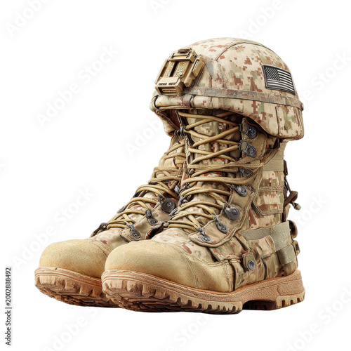 Military boots and helmet in camouflage pattern symbolize memorial day on battlefield with cross memorial png