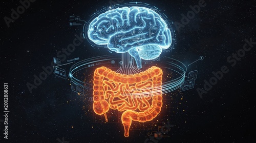 A digital illustration depicting a glowing brain and digestive system, connected by lines, symbolizing the relationship between mind and gut health.