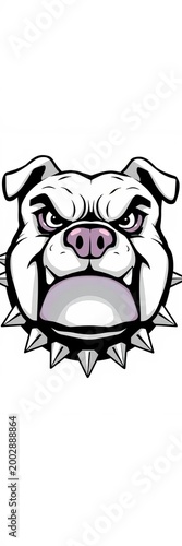 Aggressive monochrome bulldog head with spiked collar cartoon illustration on white background depicting fierce canine facial expression, bold, ||canine