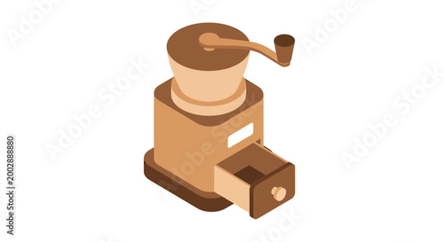 Vintage Manual Coffee Grinder Isometric Vector Illustration - Retro Wood Mill for Fresh Grounds Isolated on White
