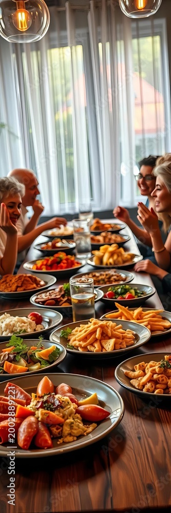 Obraz premium Crisp plates of colorful food on table as friends laugh and chat, multicultural, social