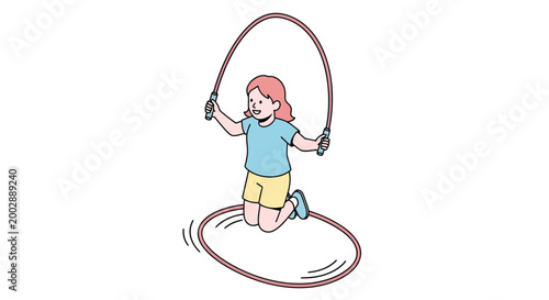 Happy Young Girl Skipping Rope Vector Illustration, Child Having Fun while Exercising and Playing