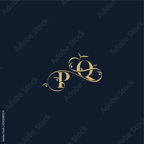 wedding initial monogram elegant leaf line concept PQ organic and luxury style design letter