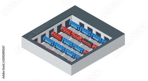 Isometric Illustration of a Modern Train Depot and Railway Station with Red and Blue Passenger Trains