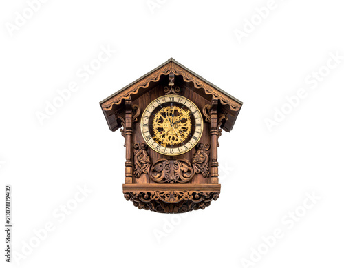 An antique vintage-style wooden wall clock with a gold dial and pendulum sits on a white background.