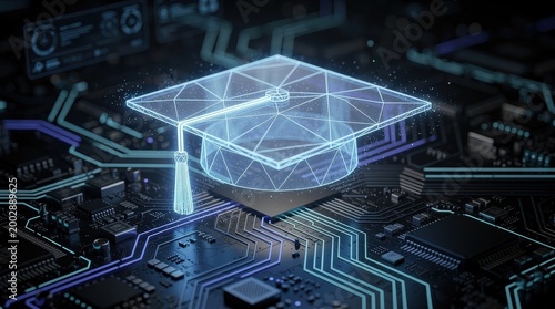 A digital graduation cap overlaying a circuit board, symbolizing the intersection of education and technology.
