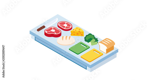 Isometric Kitchen Preparation Table with Raw Meat, Cheese, Bread, and Vegetables Vector Illustration