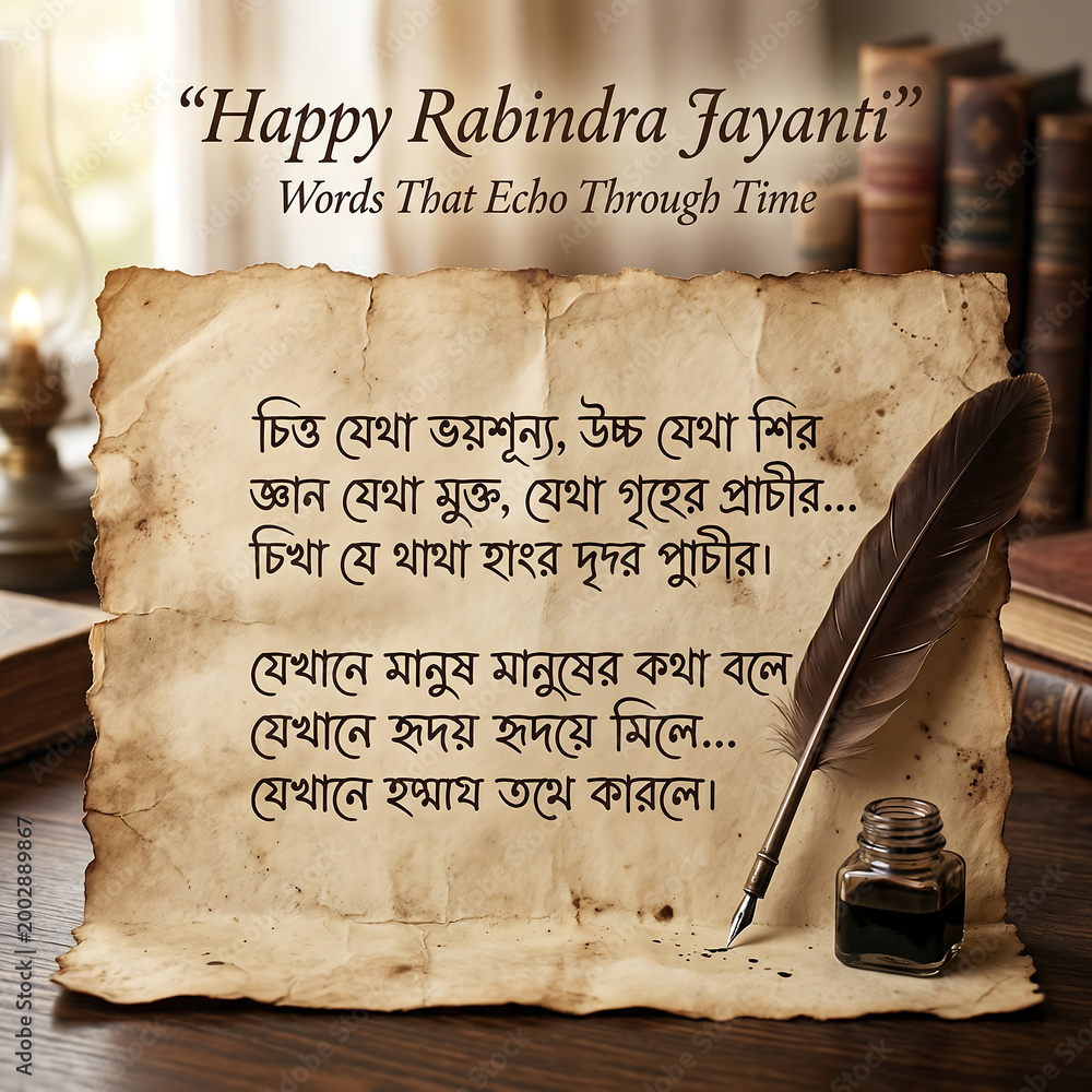 Fototapeta premium Vintage parchment with rabindranath tagore quotes on happy rabindra jayanti celebration