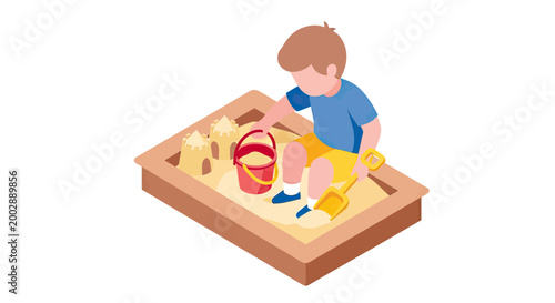 Isometric Vector Illustration of a Little Boy Building Sandcastles with a Bucket and Shovel in a Sandbox