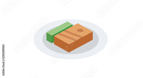Isometric Vector Illustration of Two Rectangular Cake Blocks on a Plate, Green Matcha and Brown Chocolate Dessert Pieces