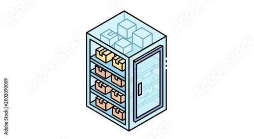 Isometric Commercial Glass Door Refrigerator Filled with Cardboard Boxes and Parcels for Cold Storage Logistics