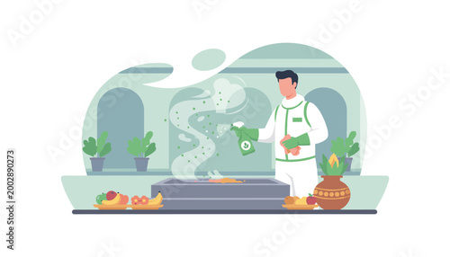 Εκτύπωση καμβά Person wearing hazmat suit disinfecting area with plants and fruit offerings using small handheld sprayer to maintain cleanliness during religious festival setup for safe community gathering events