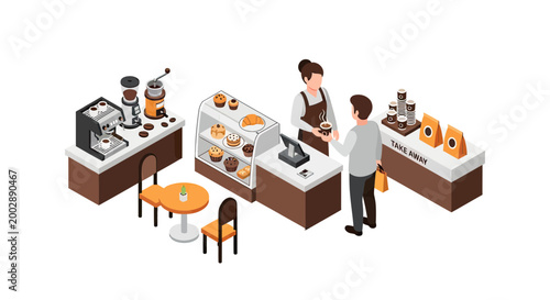 Isometric Coffee Shop Interior with Barista Serving Coffee to Customer and Bakery Display