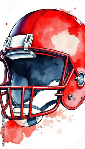 Vintage Watercolor Illustration of an American Football Red Helmet, retro, classic