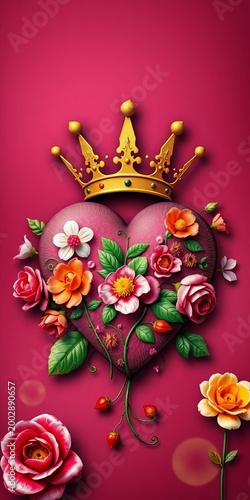 Whimsical floral heart symbol with regal crown, floral design, ornate