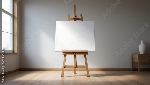 Empty canvas on wooden easel in a brightly lit art studio