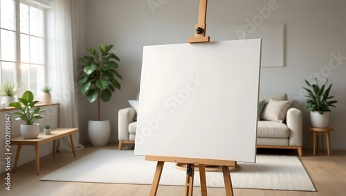 Blank canvas on a wooden easel in a bright studio setting