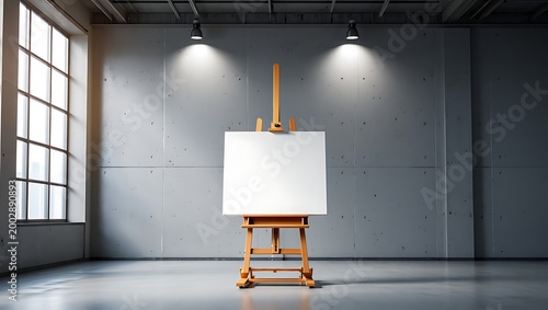 Empty canvas on wooden easel in modern studio space