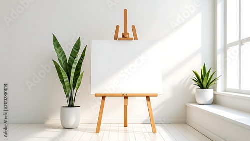 Empty canvas on wooden easel with potted plants and sunlight