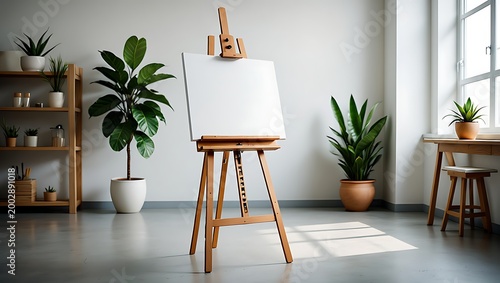 Art studio setup with easel and plants near window
