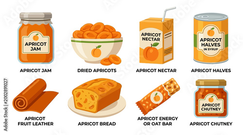 Collection of assorted apricot products including jam, dried fruit, nectar, halves, fruit leather, bread, energy bar, and chutney