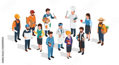 Isometric vector illustration featuring diverse workers standing together, symbolizing Labor Day, with professions ranging from construction to medicine to farming, presented in a bright