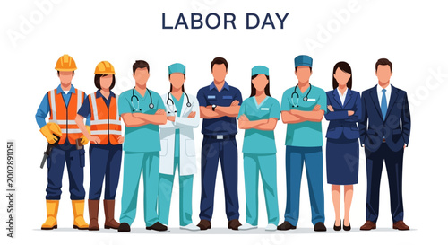 Diverse workers stand together in this vector illustration, representing various professions for International Labor Day, set against a clean white background with a celebratory mood