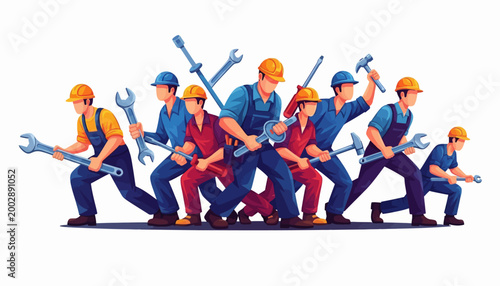 An International Workers' Day vector illustration showcases a diverse group of characters dressed as laborers, each holding tools, set against a clean white background with a bold
