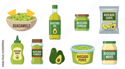 Set of various avocado food products including guacamole sauce oil chips spread powder puree and creamy mayonnaise packaging items isolated