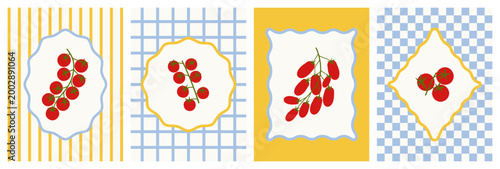 Collection of four vertical tomato cards with branches of tomatoes. Decorative frames on striped, grid and solid yellow backgrounds. Flat vector style for prints, posters, packaging and food branding.