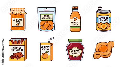 Assorted collection of apricot based food products including juice jars jam cans and dried snacks on a plain white background