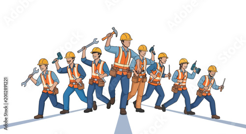 Stylized vector illustration of a team of construction workers holding various tools in a dynamic pose, celebrating International Labor Day with a bright and optimistic mood on a clean