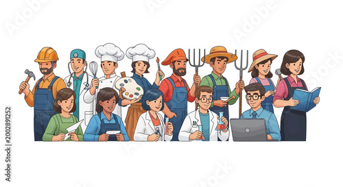 Illustrative vector art for International Workers' Day showcasing a diverse group of characters representing different professions, rendered with a clean, cartoonish style against a bright