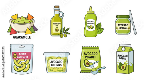 Collection of delicious avocado products including guacamole, oil, dressing, spread, dried slices, chunks, powder, and drink