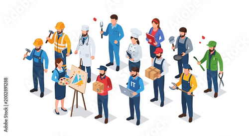 Isometric vector illustration featuring a diverse group of workers representing various professions standing together against a white background, celebrating International Labor Day